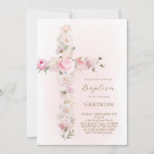 watercolor pink floral cross Baptism Invitation Kaart (Voorkant)