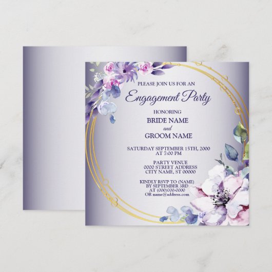 Watercolor Pink Floral Golden Purple Engagement  Kaart (Voorkant / Achterkant)