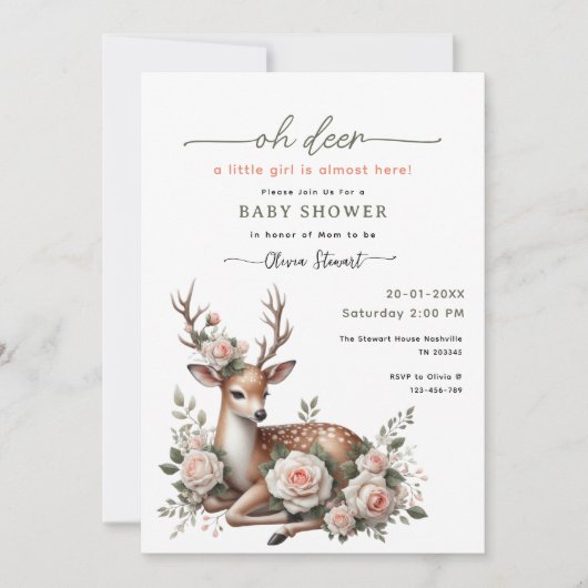 Watercolor Pink Floral oh deer baby shower  Kaart (Voorkant)