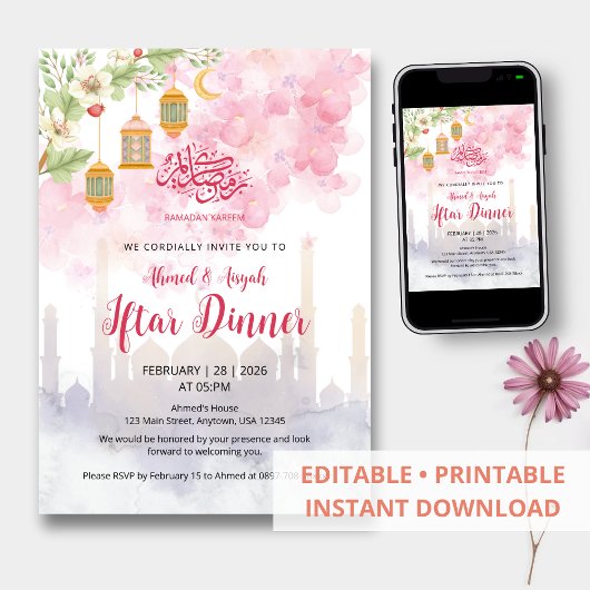 Watercolor Pink Floral Ramadan Iftar Dinner Kaart