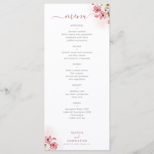 Watercolor pink floral wedding menu (Voorkant)