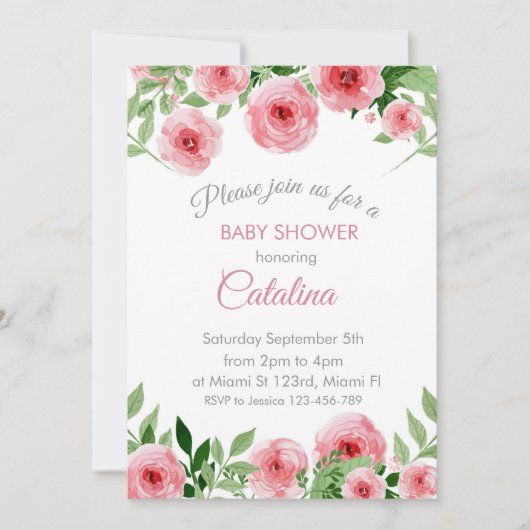 Watercolor Pink Flowers Baby Shower Invitation Kaart (Voorkant)