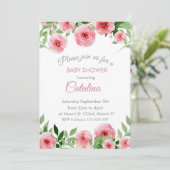 Watercolor Pink Flowers Baby Shower Invitation Kaart (Staand voorkant)
