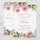 Watercolor Pink Flowers Baby Shower Invitation Kaart (Voorkant / Achterkant)