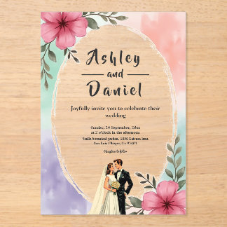 Watercolor Pink Flowers Couple Boho Summer Wedding Acryl Uitnodigingen