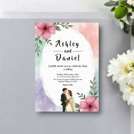 Watercolor Pink Flowers Couple Boho Summer Wedding Kaart