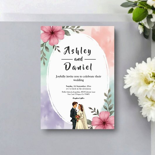 Watercolor Pink Flowers Couple Boho Summer Wedding Kaart