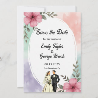 Watercolor Pink Flowers Couple Boho Summer Wedding Save The Date
