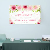 Watercolor Pink Flowers Wedding Welcome Spandoek (Beurs)