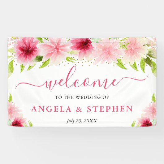 Watercolor Pink Flowers Wedding Welcome Spandoek (Horizontaal)
