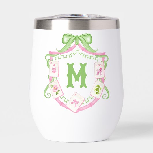Watercolor Pink & Green Bow Mahjong Monogram Crest (Voorkant)
