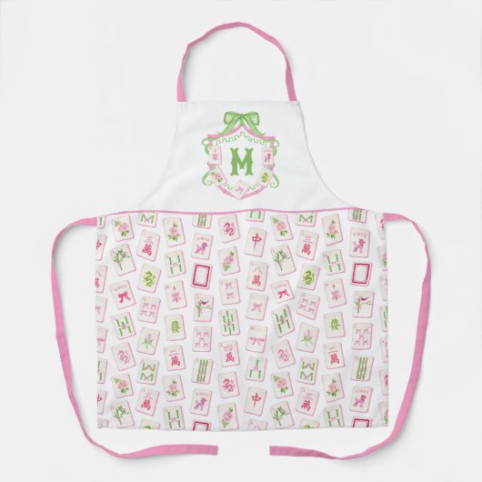 Watercolor Pink & Green Bow Mahjong Monogram Crest Schort (Voorkant)
