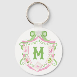 Watercolor Pink & Green Bow Mahjong Monogram Crest Sleutelhanger
