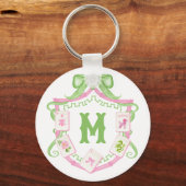 Watercolor Pink & Green Bow Mahjong Monogram Crest Sleutelhanger (Voorkant)