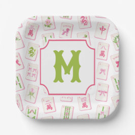 Watercolor Pink & Green Bow Mahjong Tiles Monogram Papieren Bordje