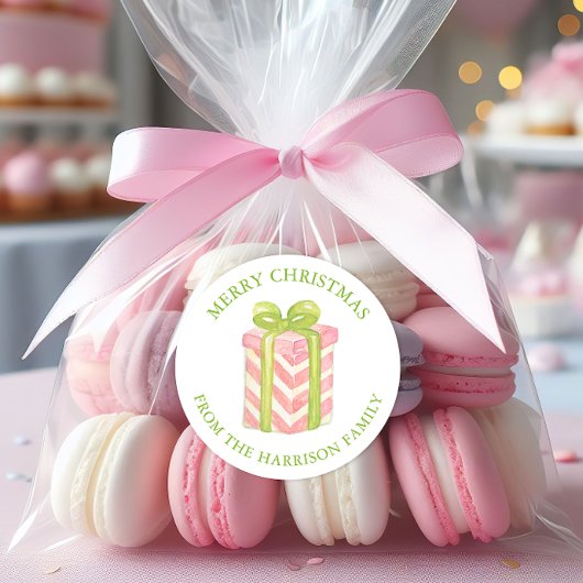 Watercolor Pink & Green Christmas Gift Ronde Sticker