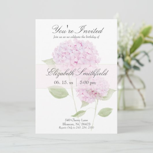 Watercolor Pink Hydrangea Invitation Kaart (Staand voorkant)