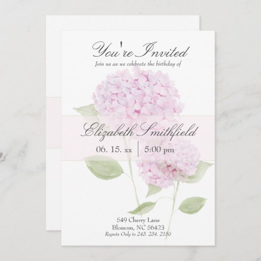 Watercolor Pink Hydrangea Invitation Kaart (Voorkant / Achterkant)