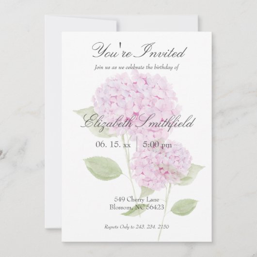 Watercolor Pink Hydrangea Invitation Kaart (Voorkant)