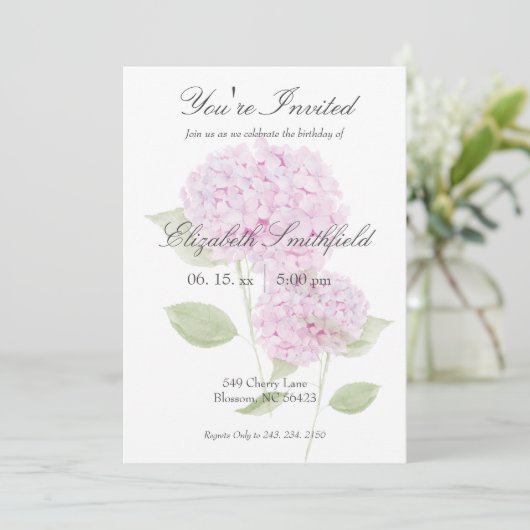 Watercolor Pink Hydrangea Invitation Kaart (Staand voorkant)