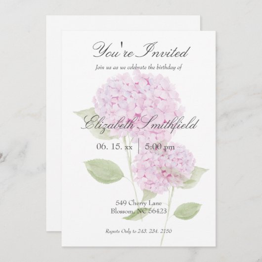 Watercolor Pink Hydrangea Invitation Kaart (Voorkant / Achterkant)