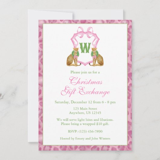 Watercolor Pink Leopard Monogram Crest Party Kaart (Voorkant)