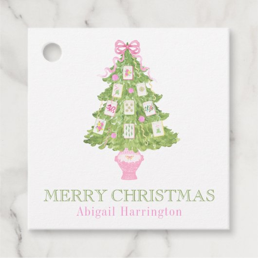 Watercolor Pink Mahjong Christmas Tree Bedankjes Labels (Voorkant)