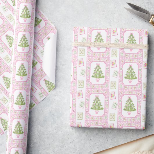 Watercolor Pink Mahjong Christmas Tree Cadeaupapier