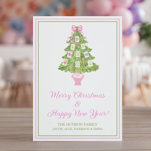 Watercolor Pink Mahjong Christmas Tree Feestdagenkaart
