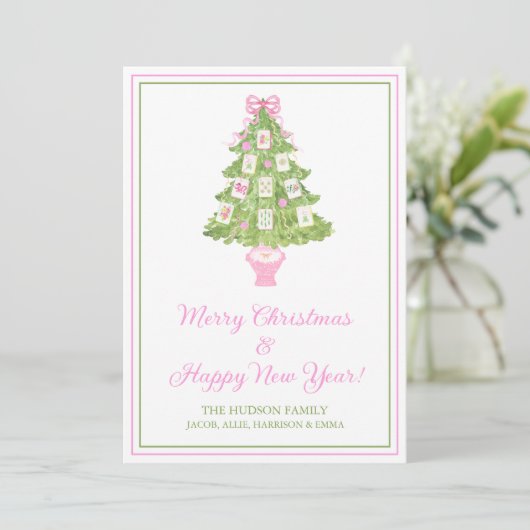 Watercolor Pink Mahjong Christmas Tree Feestdagenkaart (Staand voorkant)