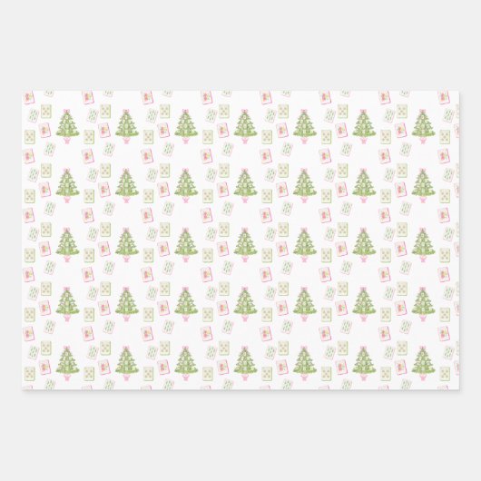 Watercolor Pink Mahjong Christmas Tree Inpakpapier Vel (Voorkant 3)