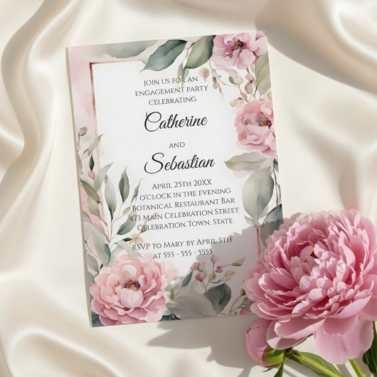 Watercolor Pink Peony Floral Engagement Party Kaart