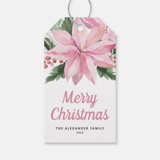 Watercolor Pink Poinsettia and Berries Christmas Cadeaulabel (Achterkant)