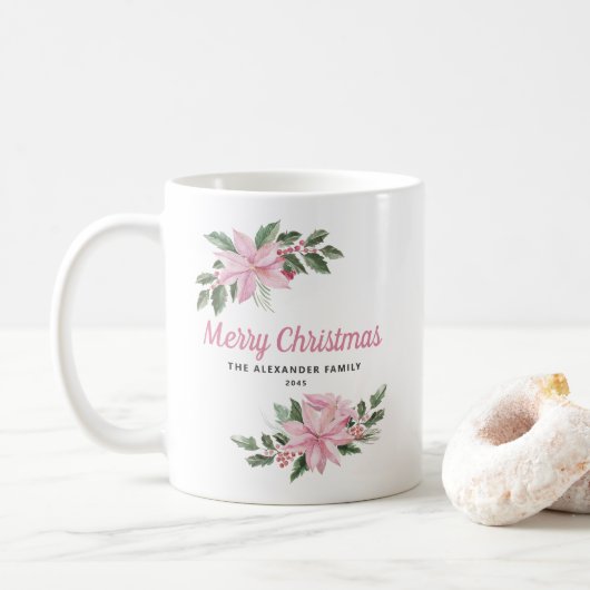 Watercolor Pink Poinsettia and Berries Christmas Koffiemok (Met donut)