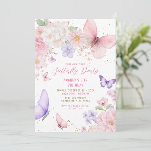 Watercolor Pink Purple Butterflies 5th Birthday  Kaart (Staand voorkant)