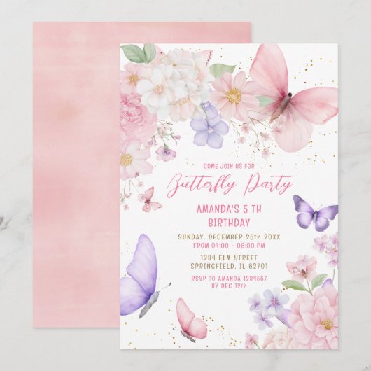 Watercolor Pink Purple Butterflies 5th Birthday  Kaart (Voorkant / Achterkant)