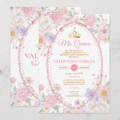 Watercolor Pink Quinceañera 15 Anos Flowers Gold Kaart (Voorkant / Achterkant)