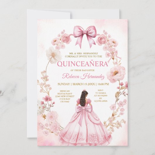 Watercolor Pink Ribbon Bows Quinceañera Invitation Kaart (Voorkant)