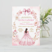 Watercolor Pink Ribbon Bows Quinceañera Invitation Kaart (Staand voorkant)