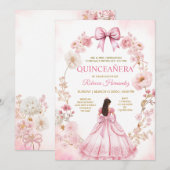 Watercolor Pink Ribbon Bows Quinceañera Invitation Kaart (Voorkant / Achterkant)