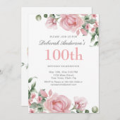 Watercolor PInk Rose 100th Birthday Party  Kaart (Voorkant / Achterkant)