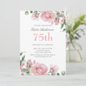 Watercolor PInk Rose 75th Birthday Party  Kaart (Staand voorkant)