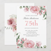 Watercolor PInk Rose 75th Birthday Party  Kaart (Voorkant / Achterkant)