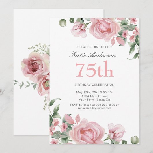 Watercolor PInk Rose 75th Birthday Party Kaart (Voorkant / Achterkant)