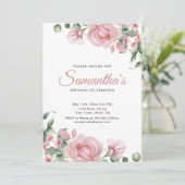 Watercolor PInk Rose Birthday Party  Kaart (Staand voorkant)