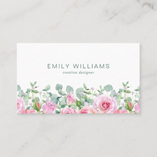 Watercolor Pink Rose Flowers Business Card Visitekaartje