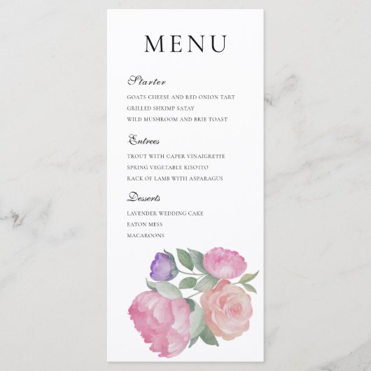  Watercolor Pink Rose & Peonie Wedding Menu (Voorkant)