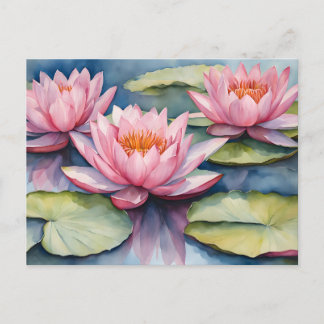 Watercolor Pink Water Lilies in the Pond  Briefkaart