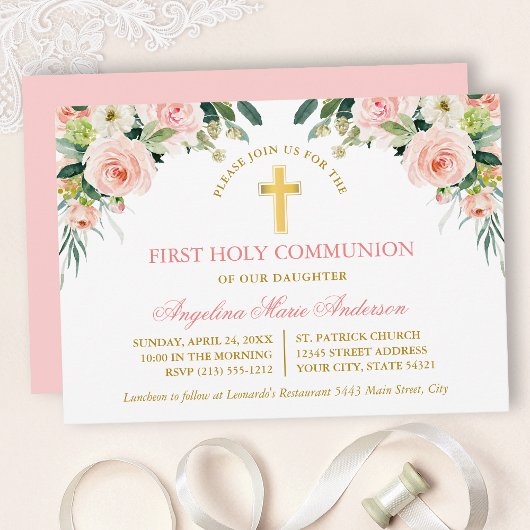 Watercolor Pink White Floral Gold Communion Kaart