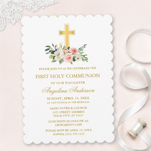 Watercolor Pink White Floral Gold Cross Communion Kaart